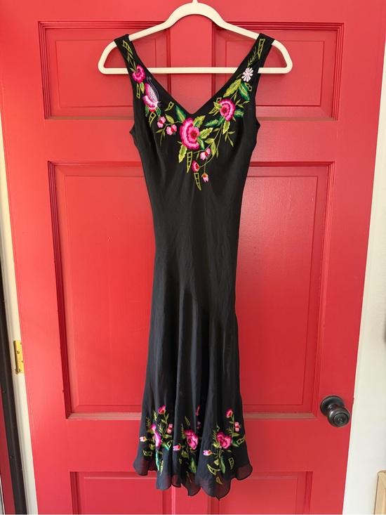 Cache Dresses & Skirts - Cache Black Maxi Dress with Pink & Green Floral Embroidery (similar to Sue Wong)